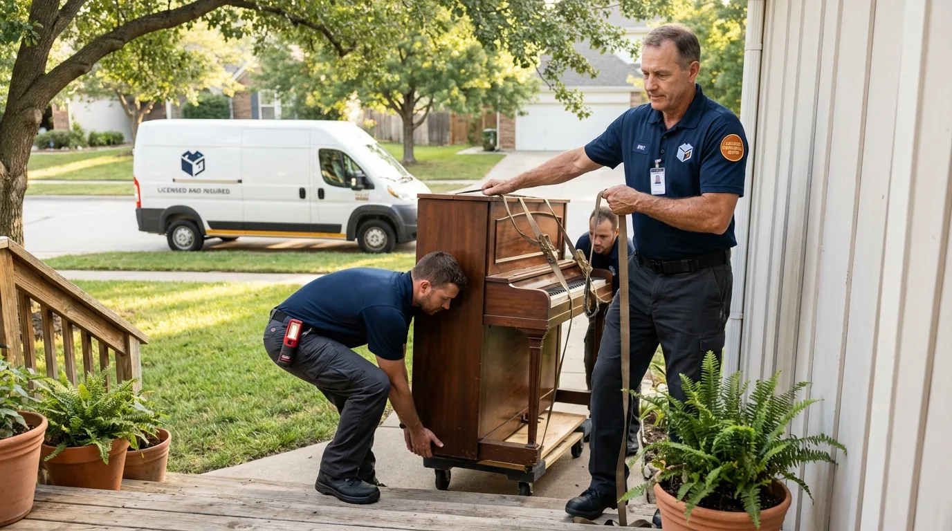 Licensed piano movers securing grand piano in Dundas, MN