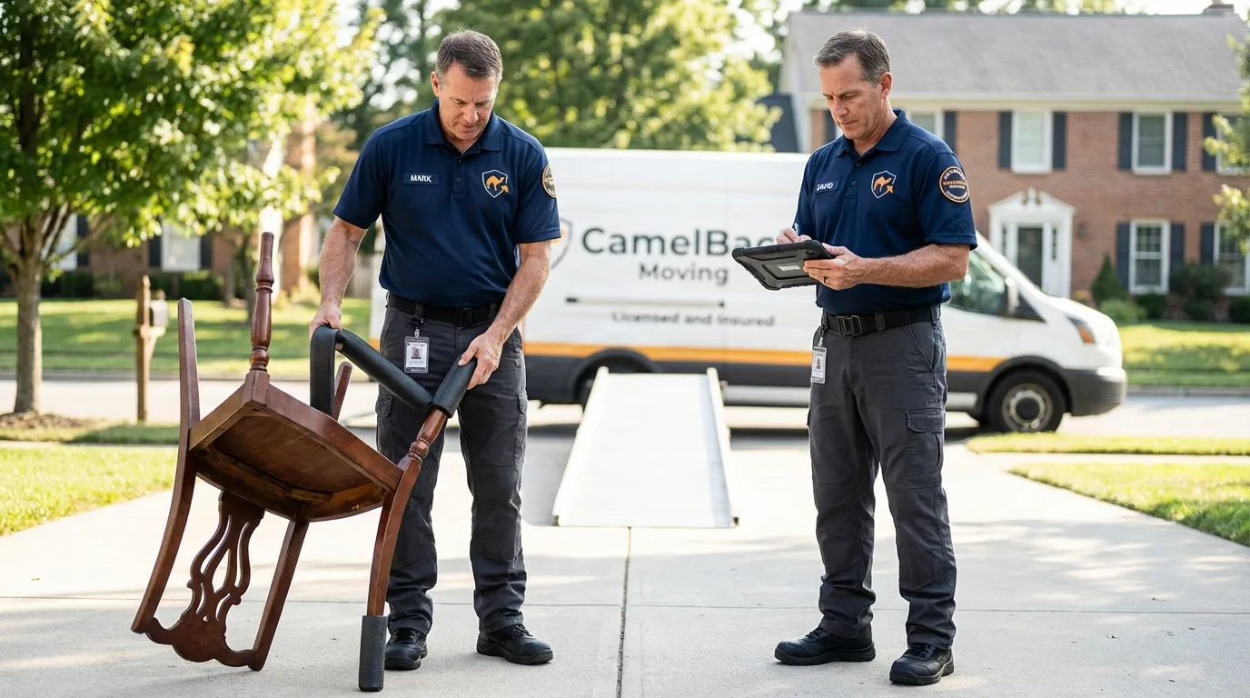 Movers inspecting furniture for damage prevention before loading in Dundas, MN