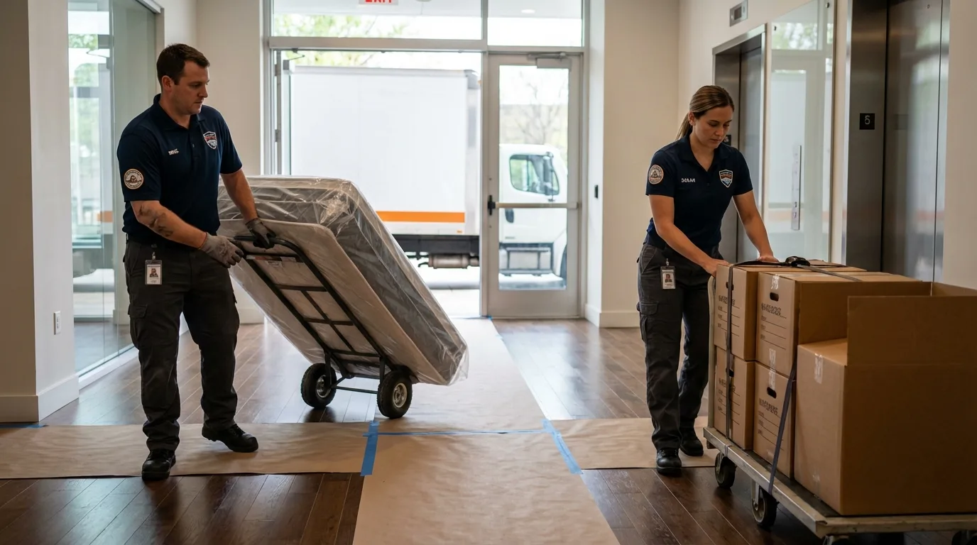 Professional apartment movers loading elevator in Dundas, MN