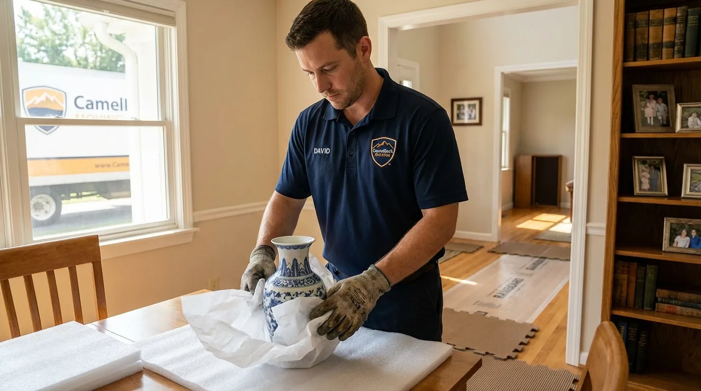Professional crew carefully wrapping antique vase for senior downsizing move in Dundas, MN